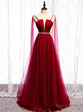 A-Line Burgundy Tulle Saghetti Straps Beading Prom Dress